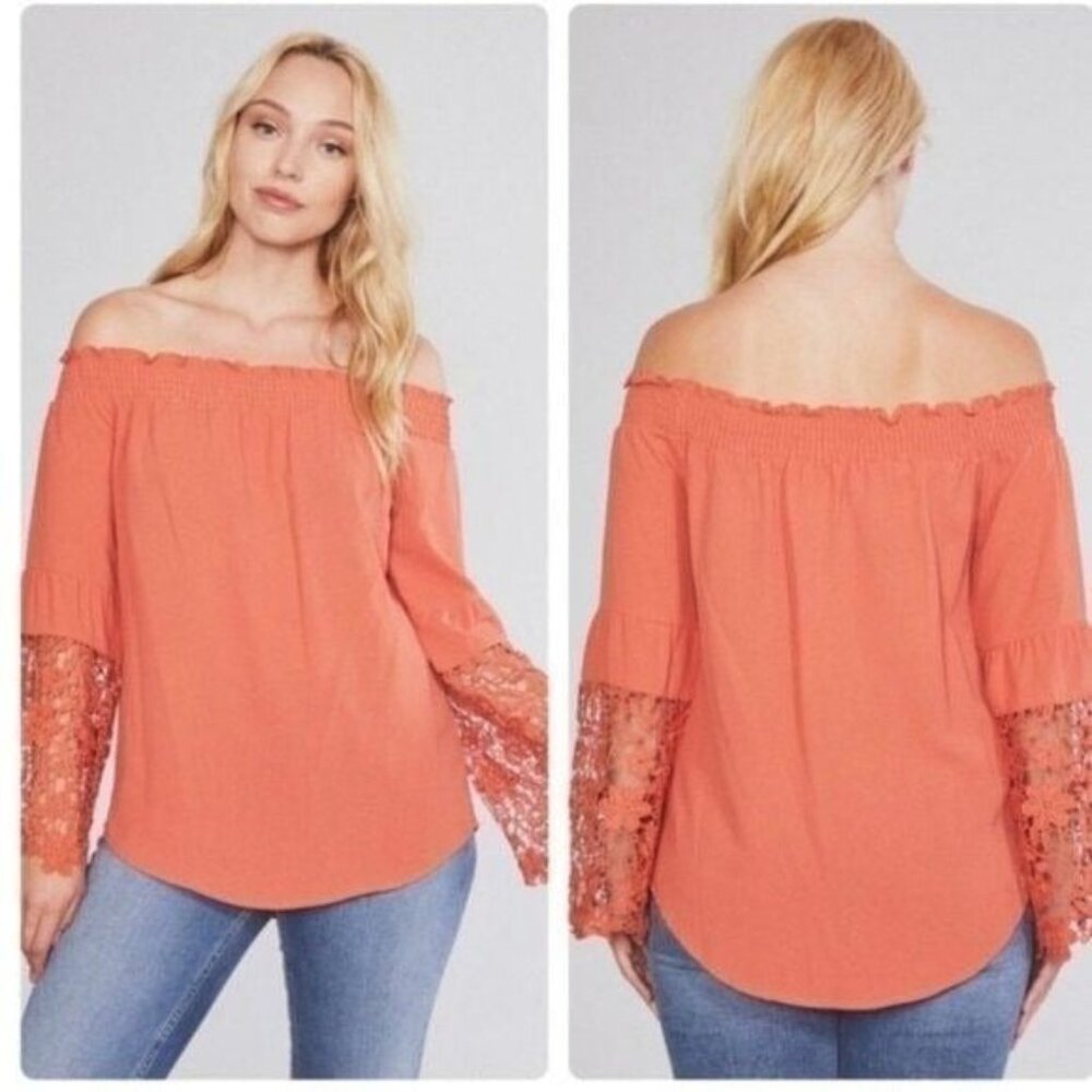 Off-Shoulder Coral Blouse W/Crochet Lace Bell Sleeves Lightweight